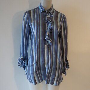 Womens Her shirt Blue Striped Ruffle Trim 3/4 Button Down Shirt M